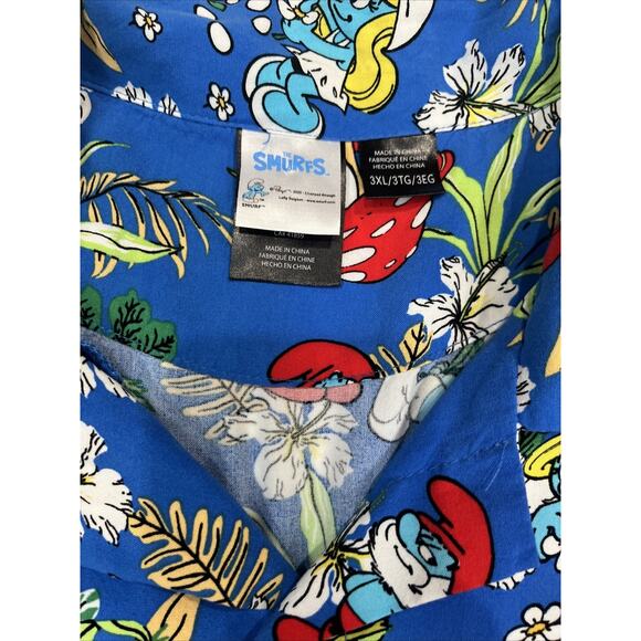 The Smurfs Hawaiian Shirt Sz 3XL Blue 100% Rayon Button Beach Camp Relax 80s - Picture 4 of 7